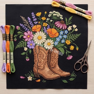 Wildflower Cowboy Cowgirl Boots Cross Stitch Pattern | Bouquet Sampler  | Western Rustic Floral | Counted Cross Stitch Chart Patterns PDF