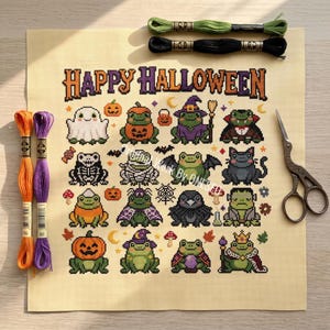 Wzór haftu krzyżykowego „Wesołego Halloween” z żabą | Próbnik kostiumów zwierzęcych w formacie PDF | Czarownica, duch, szkielet, wampir | Schemat haftu krzyżykowego