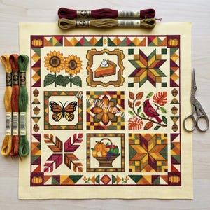 Autumn Patchwork Cross Stitch Pattern - Cozy Fall Quilt Sampler PDF - Red Cardinal Bird Pumpkin Pie Sunflower Geometric Chart PDF