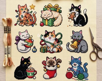 Weihnachtskatzen-Kreuzstichmuster, 9 Mini-Stickereien, freches Weihnachtskätzchen, Lichterketten-Garn, Märchenbuch, Zählmuster-PDF