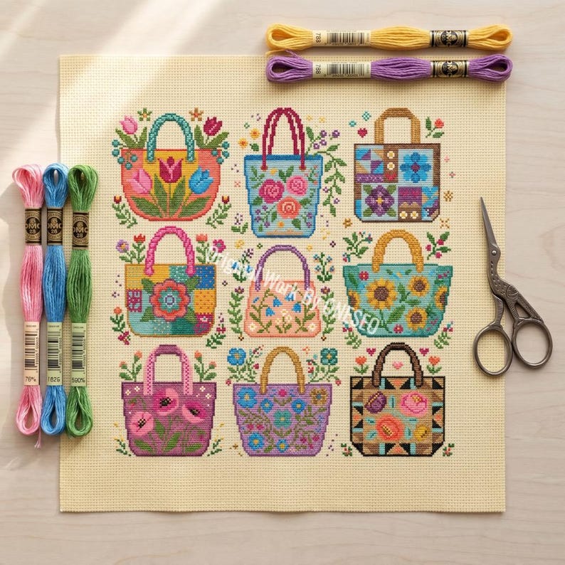 Puede incluir: Un patr&oacute;n de punto de cruz sobre tela color crema con nueve bolsos distintos con dise&ntilde;os florales y geom&eacute;tricos. El conjunto incluye cinco madejas de hilo de bordar en rosa, azul, verde, amarillo y morado, junto con unas tijeras de metal.