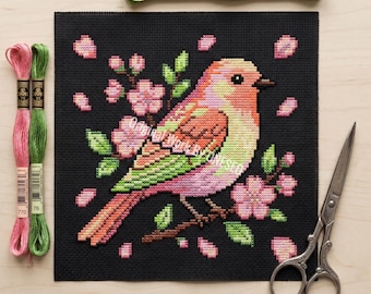 かわいい花柄の鳥のクロスステッチパターン | フープ刺繍 | PDF | すぐ
