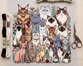 Cat Breeds Family Sampler Cross Stitch Pattern, Cute Kitty Pack Pet Portrait Rustic Folk Art Cottagecore, Counted Cross Stitch Chart PDF