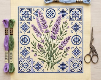 Summer Purple Lavender Mediterranean Tile Cross Stitch Pattern - Blue White Botanical Floral Home Decor - Azulejo Ceramic Art Chart PDF