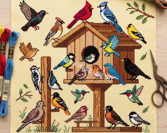 Wooden Birdhouse Cross Stitch Pattern, backyard nature sampler, cardinal blue jay robin hummingbird woodpecker dove goldfinch, Counted PDF