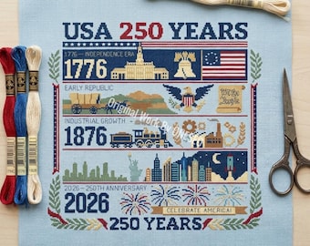 American Semiquincentennial History Cross Stitch Pattern | 250 Years of USA | 1776 Independence to Modern Era | Patriotic Chart PDF