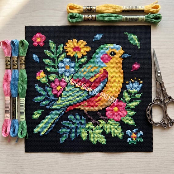 Summer Songbird Bright Floral Cross Stitch Pattern - Colorful Yellow Bird Blooming Branch Home Decor - Cute Nature Botanical Chart PDF