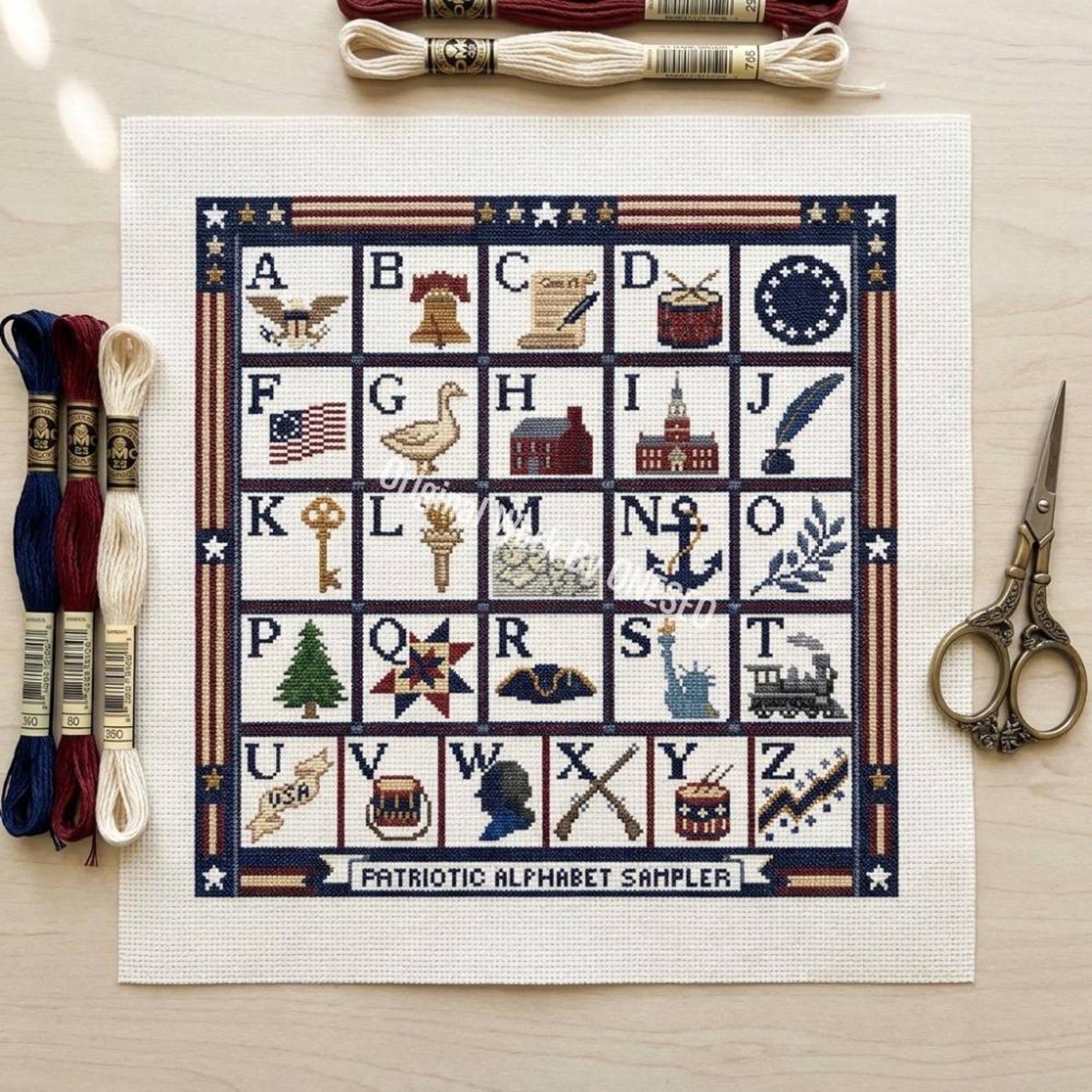 America Patriotic Alphabet Sampler Cross Stitch Pattern ...