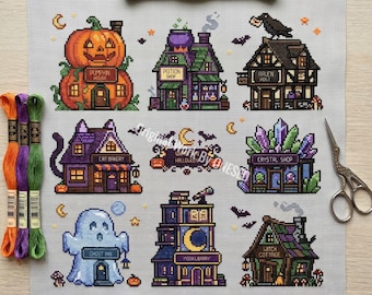 Halloween Town Village Cross Stitch Pattern, Kawaii Whimsical, Spooky Pumpkin House Ghost Inn Folk Art Sampler, Counted Stitch Chart PDF