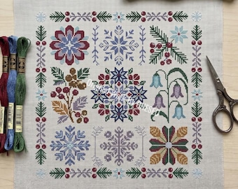 Winter volkskunst bloemen sampler kruissteekpatroon - botanische sneeuwvlok dennenbes - symmetrische Cottagecore kerstdecor grafiek pdf