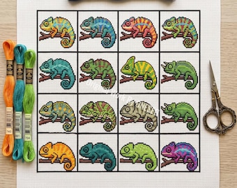 Colorful Chameleon Collection Cross Stitch Pattern, 16 mini faces, tropical lizard, exotic reptile jungle wildlife, Counted Cross Stitch PDF
