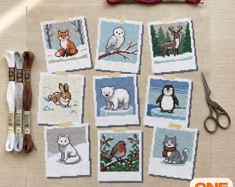 Winter Animal Cross Stitch Pattern | Snowy Polaroid Photo Sampler | Polar Bear Penguin Fox Robin Bird Owl Christmas sampler Chart PDF |