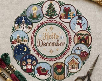 December Monthly Cross Stitch Pattern | Hello Winter Medallion Sampler | Festive Christmas Decor Chart PDF