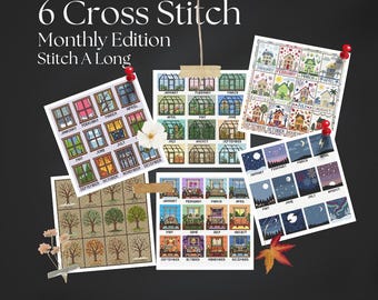 Monthly Cross Stitch Pattern Bundle - 6 Calendar Stitch A Long Samplers - Year Long 4 Seasons House Tree Window Cozy Home Decor Chart PDF