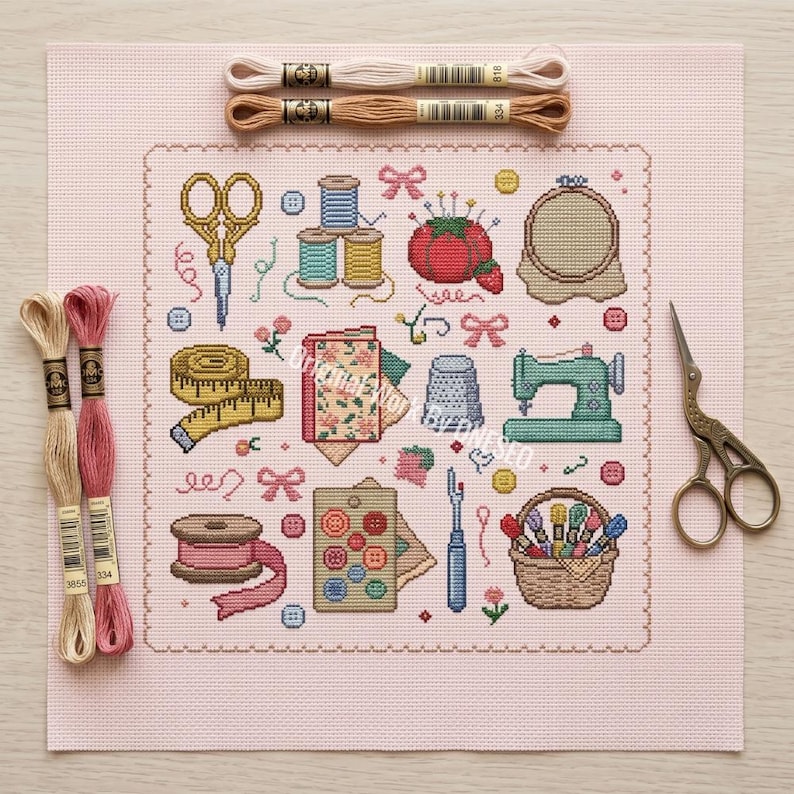 May include: A cross-stitch pattern on light pink fabric featuring sewing motifs including scissors, thread spools, a pincushion, a measuring tape, a thimble, a sewing machine, a button card, and a basket. Two pairs of scissors and four embroidery floss skeins are placed around the fabric.