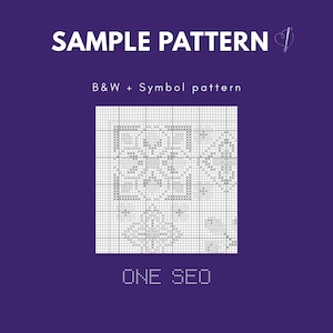 May include: A cross-stitch pattern design on a purple background. The design is a black and white geometric pattern with the text "SAMPLE PATTERN" at the top and "B&W + Symbol pattern" below it. The text "ONE SEO" is at the bottom.