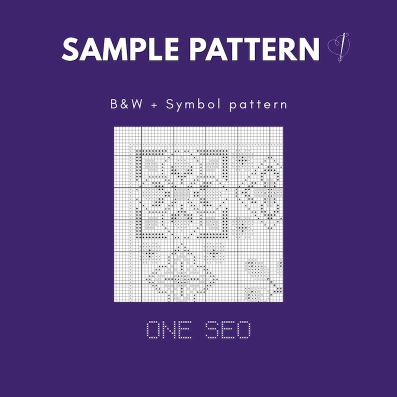 May include: A cross-stitch pattern design on a purple background. The design is a black and white geometric pattern with the text "SAMPLE PATTERN" at the top and "B&W + Symbol pattern" below it. The text "ONE SEO" is at the bottom.