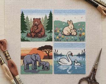 Mother and Baby Animal Cross Stitch Pattern | Woodland Safari Nursery Decor | Bear Bunny Elephant Swan Chart PDF