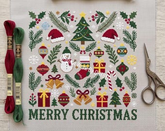 Vintage Christmas Cross Stitch Pattern, Merry winter holiday sampler, snowman santa hat stocking bauble bells gift candy cane tree holly,