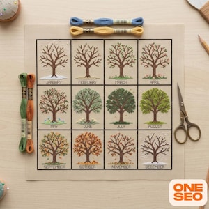Calendrier d'arbre 12 mois, motif de point de croix, échantillon saisonnier mensuel, broderie d'arbre pour toutes les saisons, tableau d'art populaire PDF