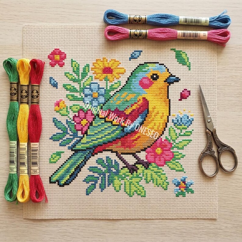 Summer Songbird Bright Floral Cross Stitch Pattern - Colorful Yellow Bird Blooming Branch Home Decor - Cute Nature Botanical Chart PDF image 12
