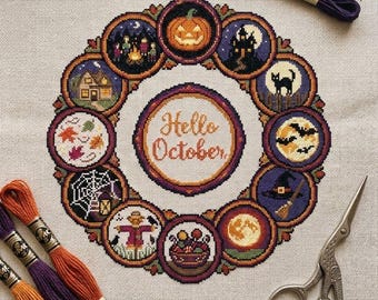 Hello October Cross Stitch Pattern | Halloween Wreath Sampler | Spooky Pumpkin Witch Black Cat Haunted House Chart PDF