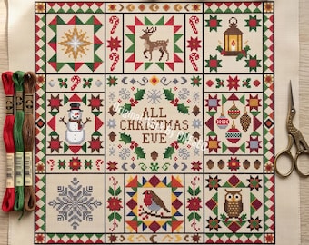Weihnachtsquilt-Kreuzstichmuster, winterliche Waldtiere, Schneemann und Rotkehlchen, festliches Stickmuster, Volkskunst, Zählvorlage für Kreuzstich (PDF)