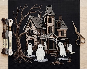 Halloween-Spukhaus-Kreuzstichmuster, gruselige Geisterfamilie, unheimliches viktorianisches Herrenhaus, Dekoration mit totem Baum, Zählmuster für Kreuzstich