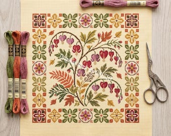 Autumn Bleeding Heart Mediterranean Tile Cross Stitch Pattern - Warm Fall Botanical Floral Home Decor - Rustic Folk Art Ceramic Chart PDF