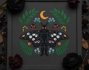 Mothman Cross Stitch Pattern PDF, Gothic Cryptid Embroidery, Spooky Moon & Ferns, Dark Cottagecore Wall Decor, Witchy Whimsical