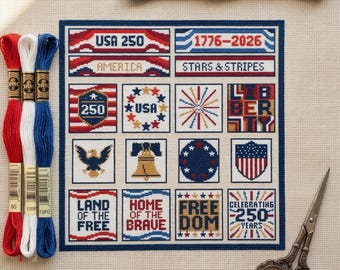 America 250th Anniversary Cross Stitch Pattern,Patriotic Semiquincentennial Sampler,1776-2026 USA Digital PDF Chart,4th of July Embroidery
