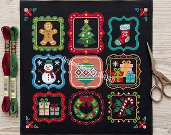 Christmas Patchwork Sampler Cross Stitch Pattern, vintage ornate frame, gingerbread snowman tree stocking wreath candy, Counted Chart PDF