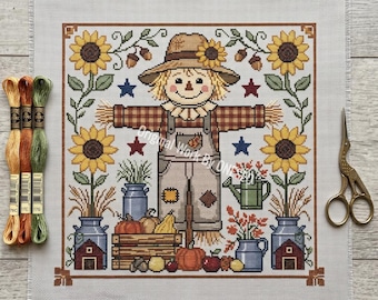 Primitieve volkskunst vogelverschrikker kruissteekpatroon, herfstoogst zonnebloem schuur sampler, landelijke boerderij getelde steekkaart ambachtelijke pdf
