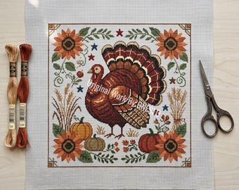 Vintage boerderij volkskunst Turkije kruissteekpatroon, herfstoogst pompoen zonnebloem Sampler, getelde steekkaart ambachtelijk ontwerp pdf