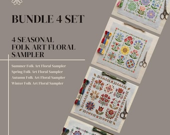 4-seizoenenbundel volkskunst bloemen sampler kruissteekpatroon - lente zomer herfst winter botanisch symmetrisch Cottagecore-diagram pdf