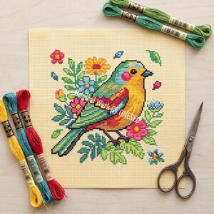 Summer Songbird Bright Floral Cross Stitch Pattern - Colorful Yellow Bird Blooming Branch Home Decor - Cute Nature Botanical Chart PDF image 11