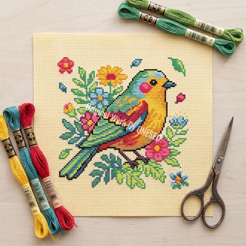 Summer Songbird Bright Floral Cross Stitch Pattern - Colorful Yellow Bird Blooming Branch Home Decor - Cute Nature Botanical Chart PDF image 11