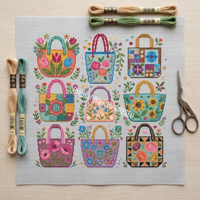 Puede incluir: Un patr&oacute;n de punto de cruz sobre tela blanca con nueve bolsos coloridos con dise&ntilde;os florales y geom&eacute;tricos. El conjunto incluye cuatro madejas de hilo de bordar en beige y verde, y unas tijeras de bordar de metal de estilo vintage.