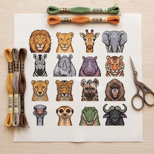 Schema per punto croce con animali selvatici, volti di animali della savana, leone, leopardo, tigre, elefante, rinoceronte, schema a punto croce contato in PDF