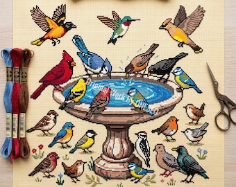 Backyard Birdbath Cross Stitch Pattern, nature garden sampler, water cardinal blue jay robin hummingbird woodpecker dove, Counted chart PDF