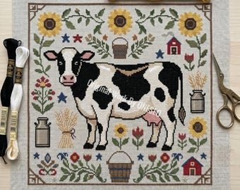Vintage boerderij volkskunst koe kruissteekpatroon, rustieke boerenschuur zonnebloem dierenmonsternemer, getelde steekkaart ambachtelijke pdf