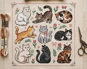 Kawaii kat sampler kruissteekpatroon, 9 mini schattig grappig huisdier bloemmotieven, flirt kinderkamer decor xstitch geteld grafiek kunst pdf