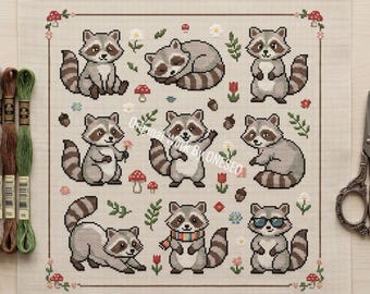 Kawaii wasbeer sampler kruissteekpatroon, 9 mini grappige bosdieren bospaddestoel, schattige Cottagecore getelde steekkaart kunst pdf