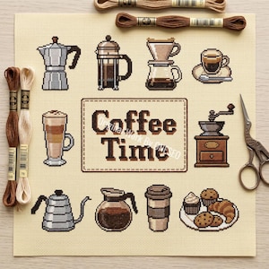Coffee Time Cafe Barista Equipment Cross Stitch Pattern, Rustic Morning Kitchen Folk Art Sampler, Counted Stitch Chart Craft Design PDF