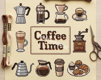 May include: A cross-stitch pattern on beige fabric featuring various coffee-related items including a moka pot, French press, pour-over, coffee cup, latte, grinder, kettle, carafe, to-go cup, and pastries, with the text Coffee Time in the center.