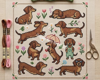 kawaii teckel hond sampler kruissteekpatroon, schattige worst hond bloemen, grappige worst hond huisdier kwekerij decor getelde steekkaart pdf