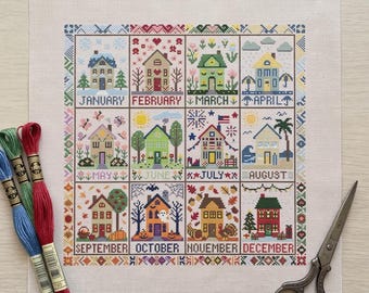 12 Month House Calender Cross Stitch Pattern, Monthly Seasonal Sampler, Home for All Seasons Embroidery, Folk Village Art Chart PDF