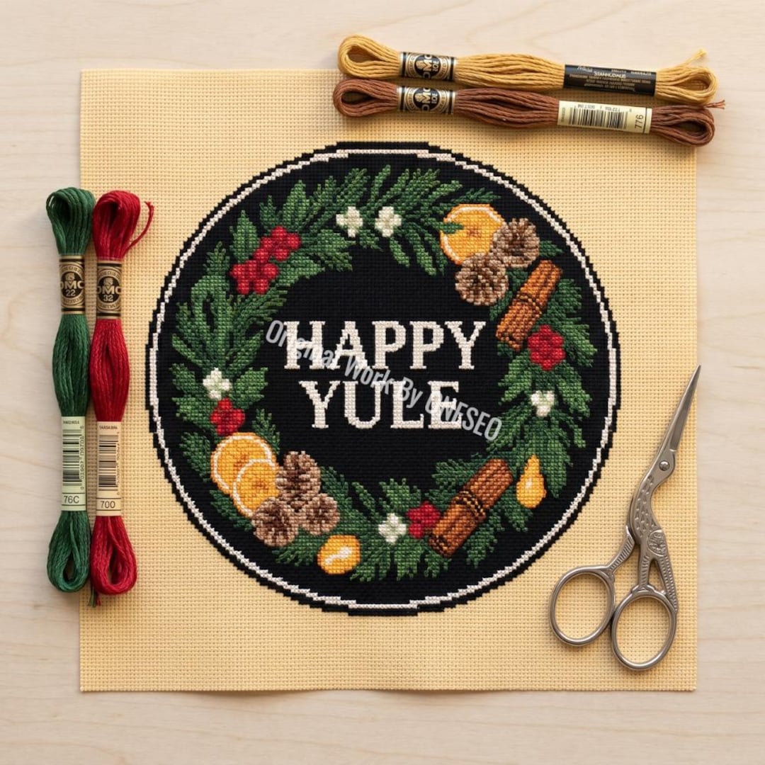 Happy Yule Winter Solstice Wreath Cross Stitch Pattern - Christmas ...