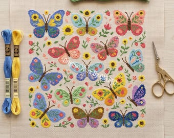 Zomer vlinder kruissteekpatroon - kleurrijke zonnebloem aardbei volkskunst - botanische weide Cottagecore decorkaart pdf