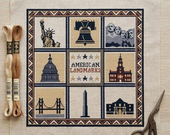 America 250th Anniversary Cross Stitch Pattern,Patriotic Historical Monuments Sampler,1776-2026 USA Digital PDF Chart,4th of July Embroidery
